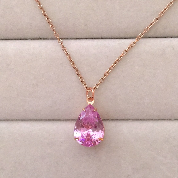 Jewelry - Rose Pink + Rose Gold Cubic Zirconia Pear Crystal Drop Pendant Necklace